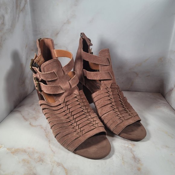 Zodiac Light Brown Suede Leather Woven Sandal Heels - Picture 1 of 7